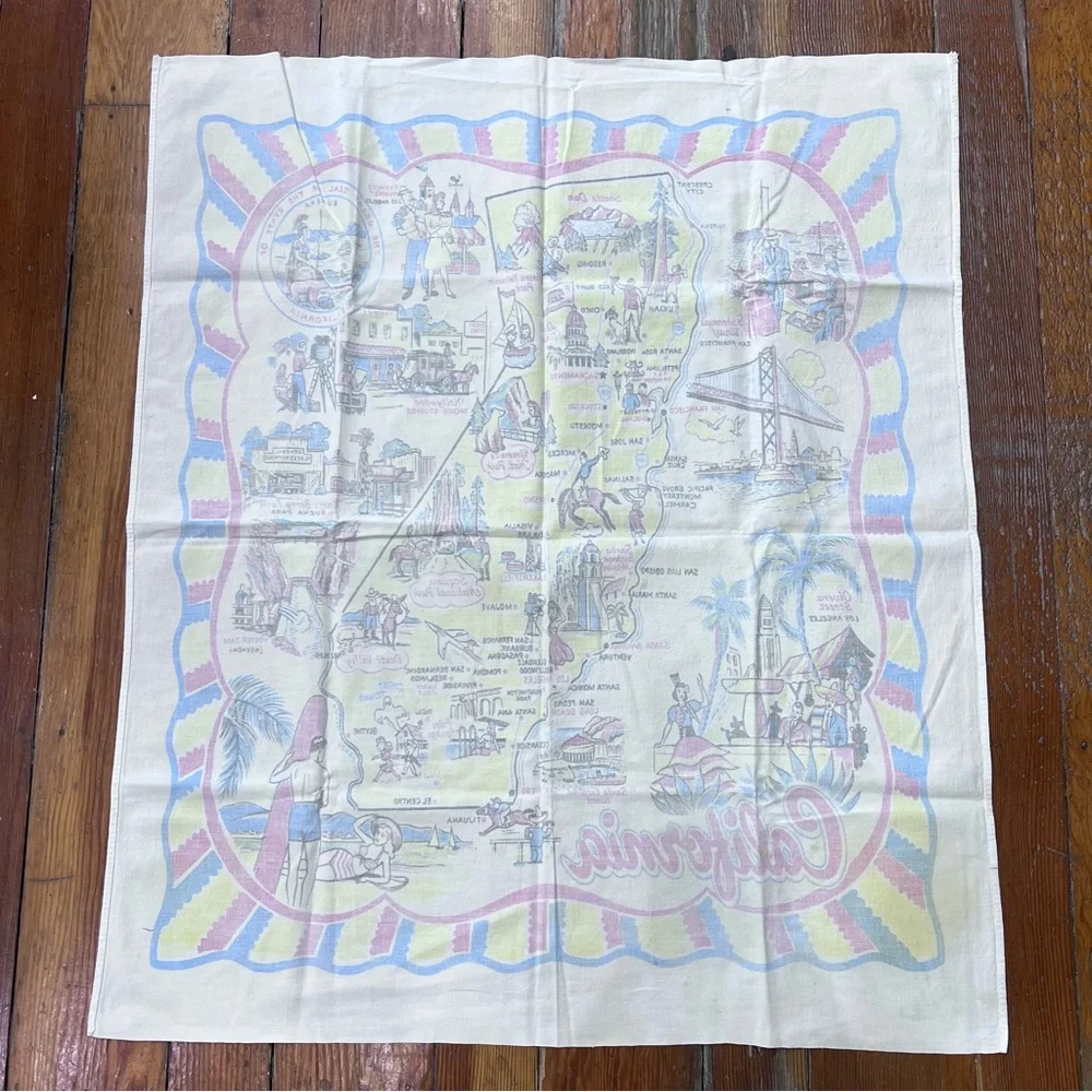 Vintage California Souvenir Map tablecloth red and Yellow Cotton 36” x 31”